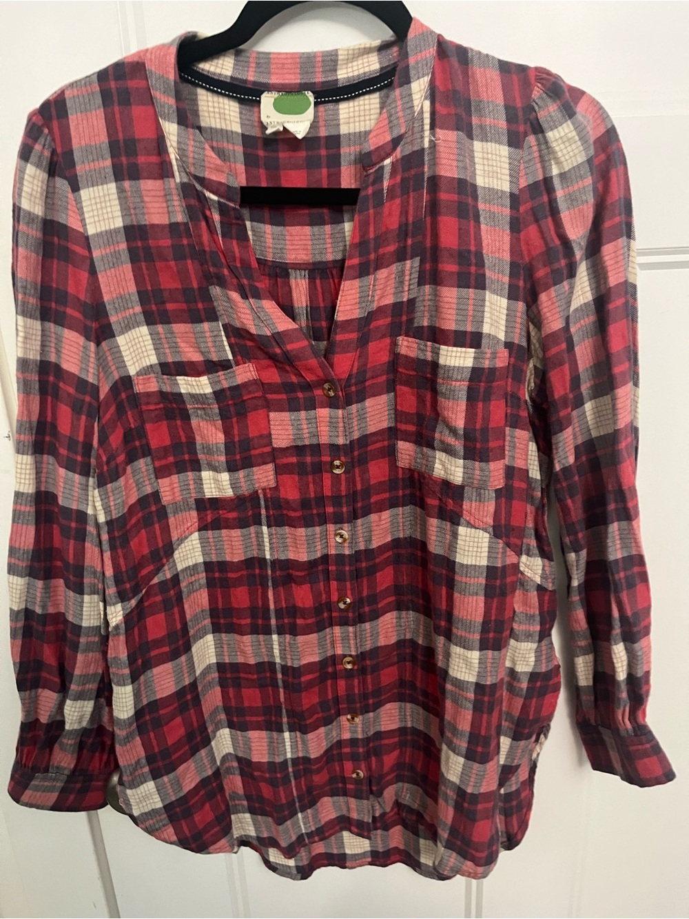Anthropologie Red and Cream Plaid Button-Down Shirt